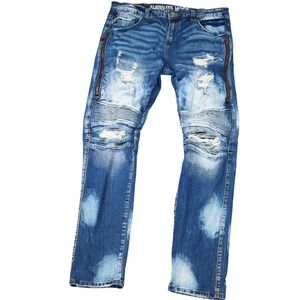 Smugglers Moon Jeans Men 38W‎ 33L ACT 36W 34L Blue Acid Distressed Moto Biker